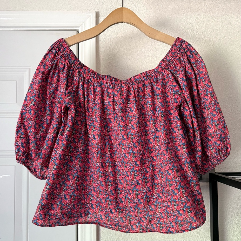 ba&sh multicolor floral‎ puff short sleeve off shoulder cotton cropped blouse